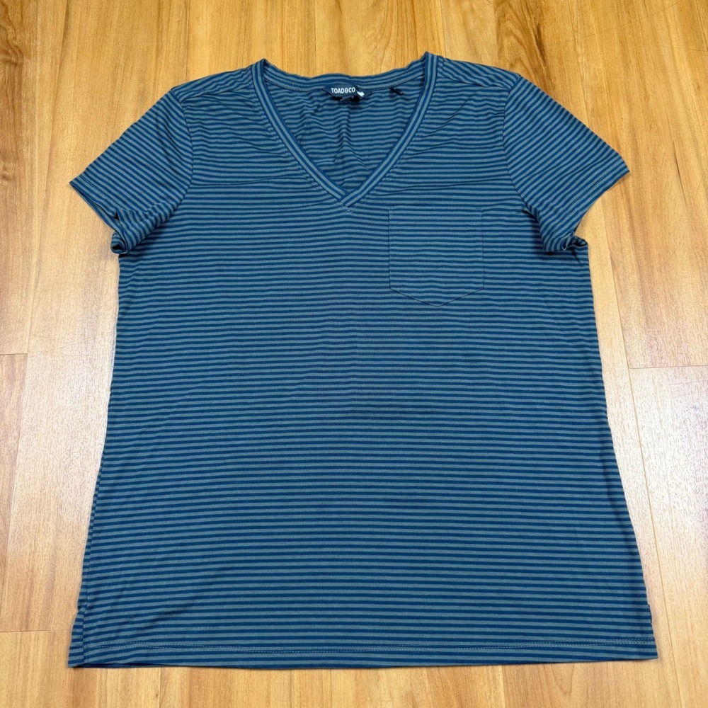 Toad&Co Swifty Pocket Tee Blue Green Striped V-Neck T-Shirt T1002004 FA22 Mens M